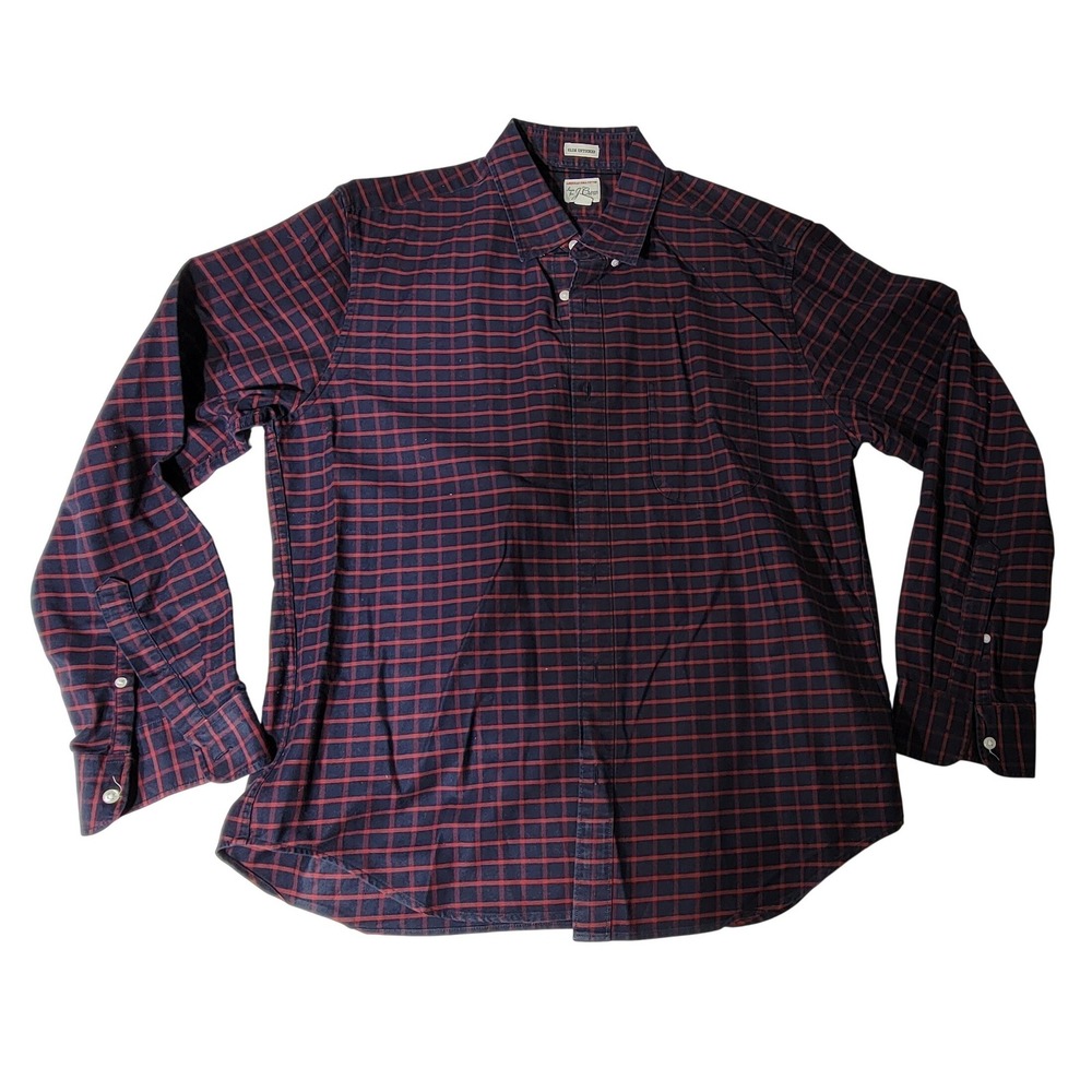 J.Crew Mens Slim Untucked American Pima Cotton Grid Shirt Navy Red Large L